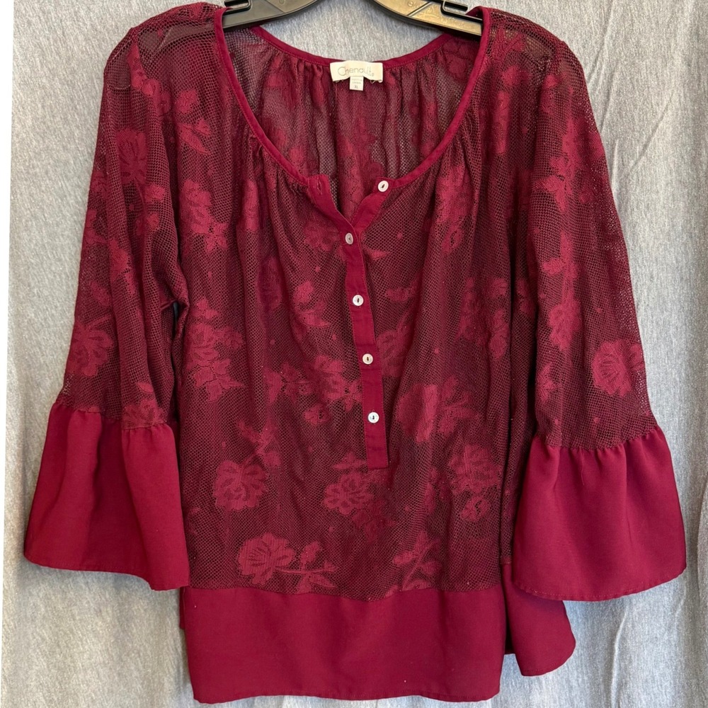 Chenault Lace Mesh Boho Whimsygoth Victorian Burgundy Bell Sleeve Womens XL‎